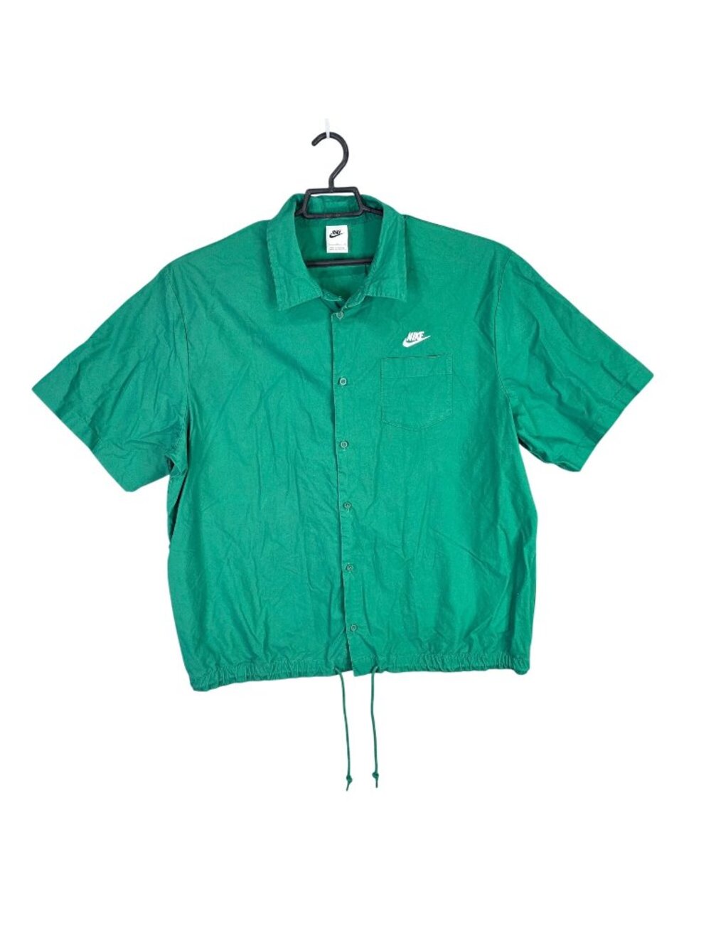Mens Nike Green Button Up Shirt Collared Short Sleeve Drawstring Hem Cotton XL